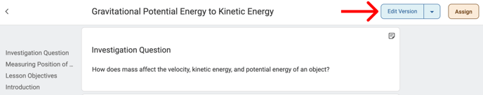 Image showing where to select the Edit Version button in a lesson. 